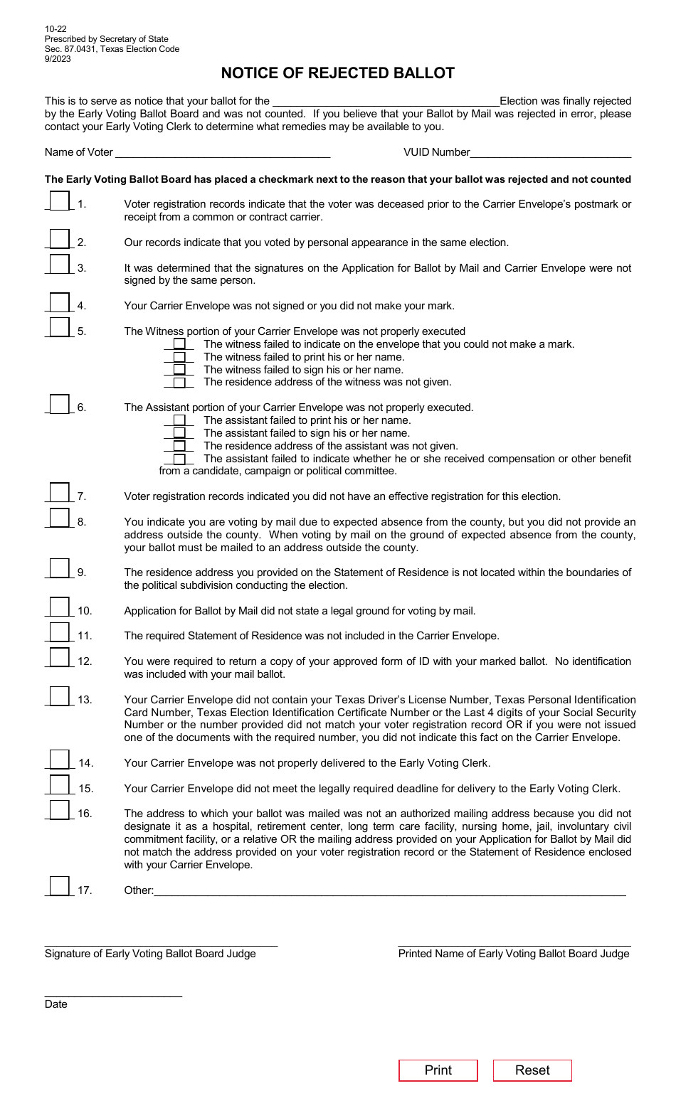 Form 10-22 Notice of Rejected Ballot - Texas, Page 1