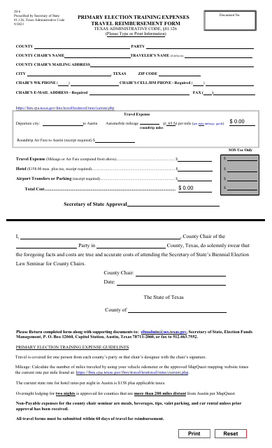 Form 20-6 Primary Election Training Expenses Travel Reimbursement Form - Texas