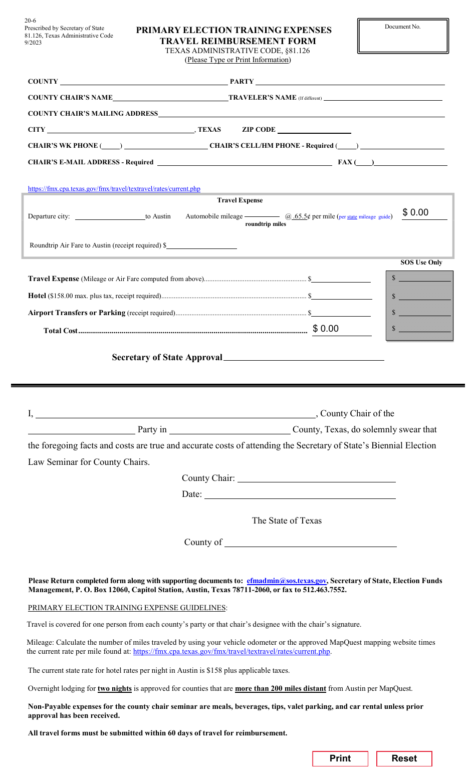 Form 20-6 Primary Election Training Expenses Travel Reimbursement Form - Texas, Page 1