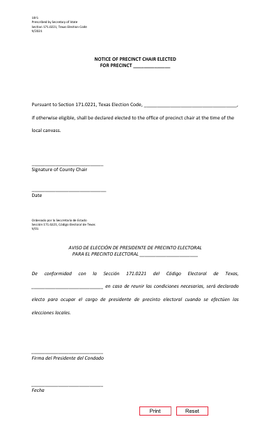 Form 18-5 Notice of Precinct Chair Elected for Precinct - Texas (English/Spanish)
