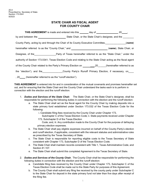 Form 20-4 State Chair as Fiscal Agent for County Chair - Texas