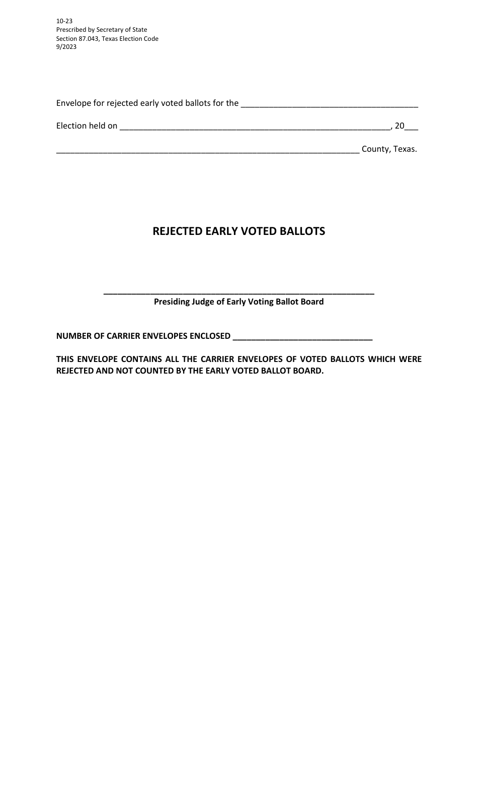 Form 10-23 Rejected Early Voted Ballots - Texas, Page 1