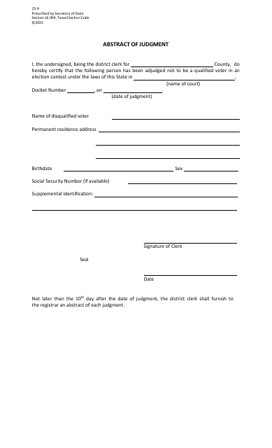 Form 25-9 Abstract of Judgment - Texas