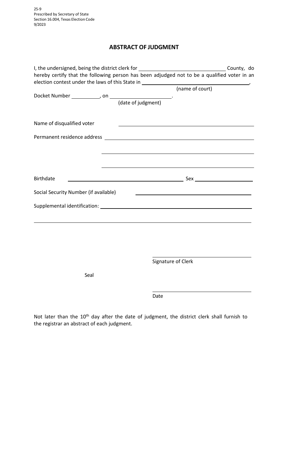 Form 25-9 Abstract of Judgment - Texas, Page 1
