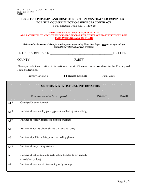 Form 20-5 Report of Primary and Runoff Election Contracted Expenses for the County Election Services Contract - Texas