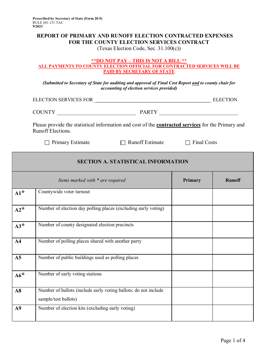 Form 20-5 Report of Primary and Runoff Election Contracted Expenses for the County Election Services Contract - Texas, Page 1