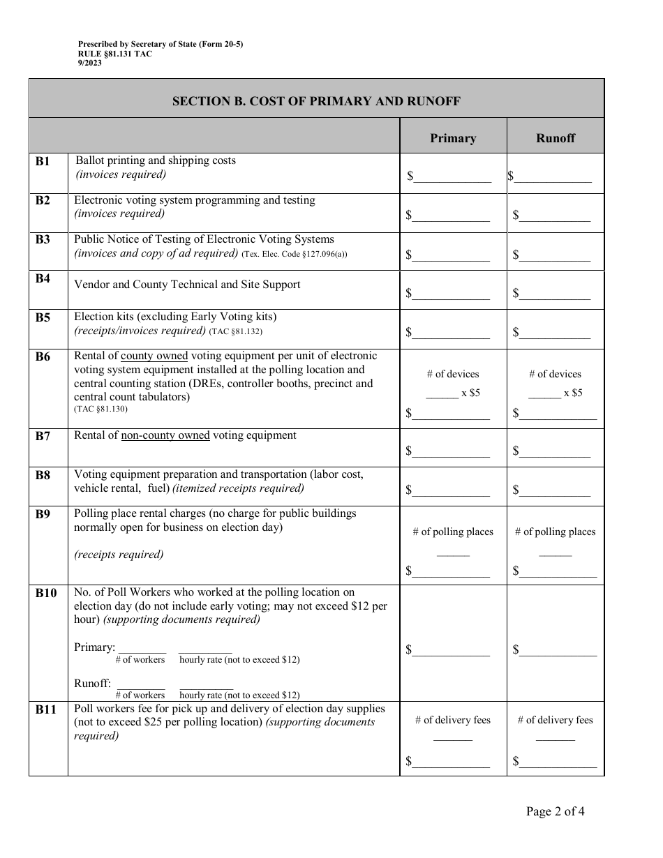 Form 20-5 Report of Primary and Runoff Election Contracted Expenses for the County Election Services Contract - Texas, Page 2