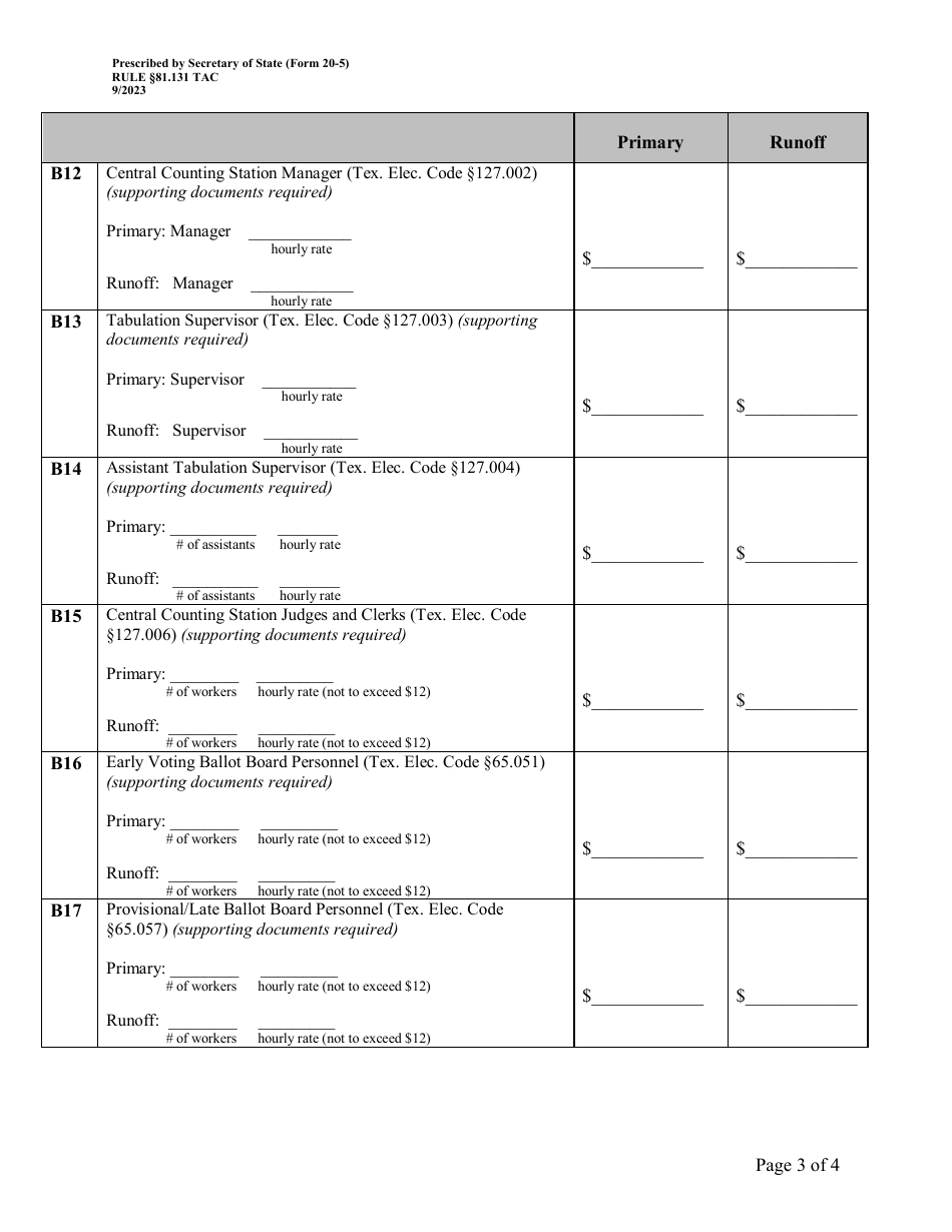 Form 20-5 Report of Primary and Runoff Election Contracted Expenses for the County Election Services Contract - Texas, Page 3