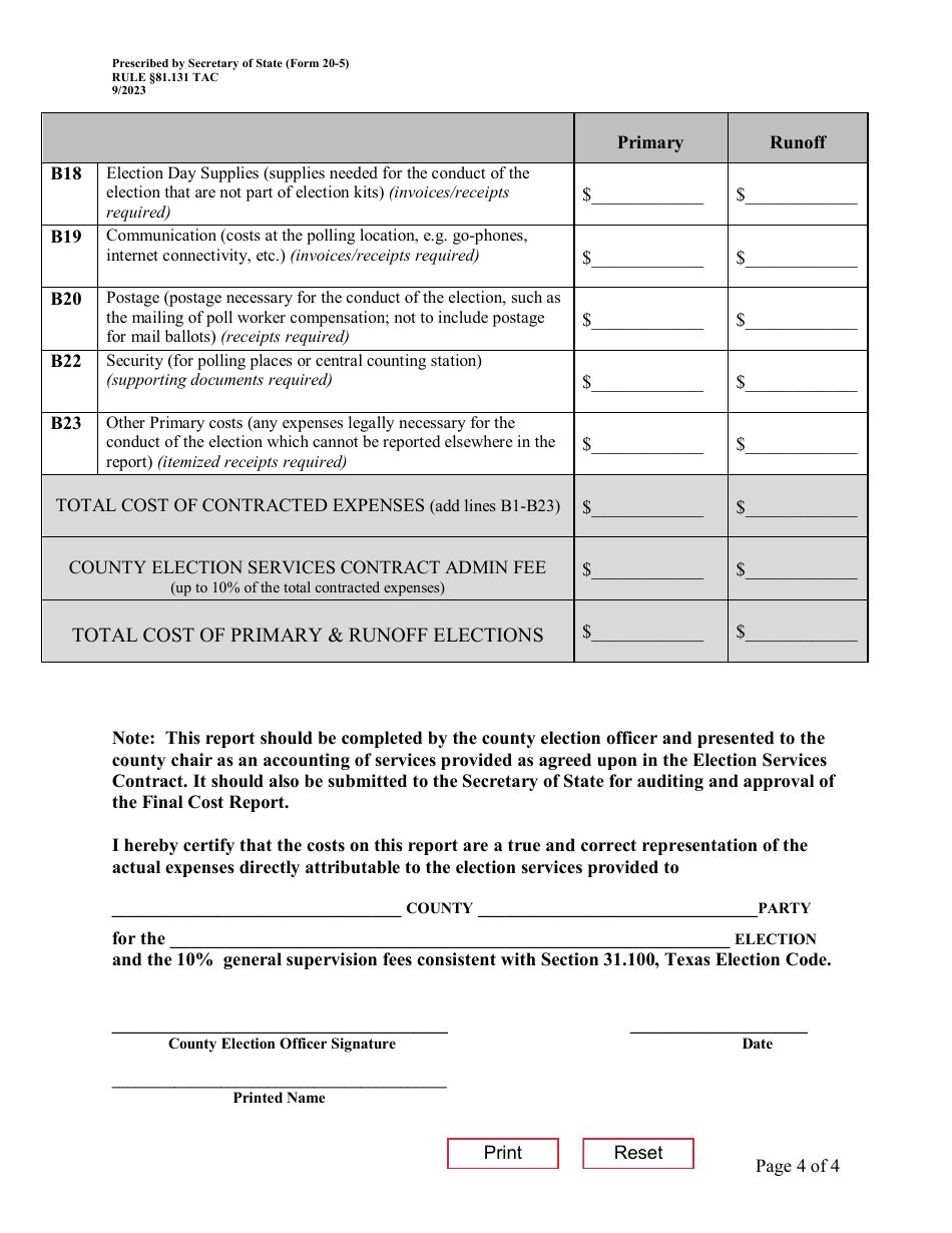Form 20-5 Report of Primary and Runoff Election Contracted Expenses for the County Election Services Contract - Texas, Page 4