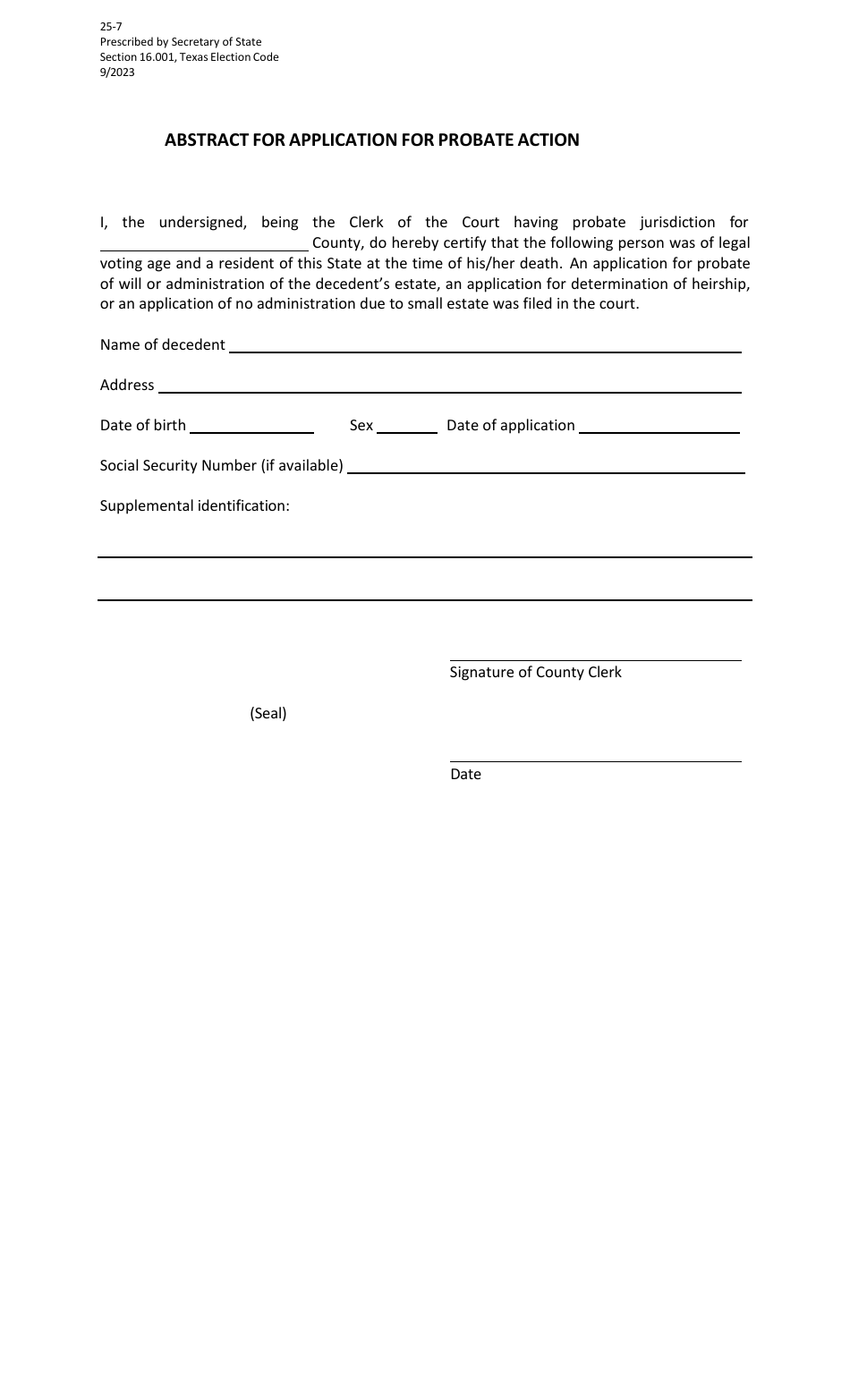 Form 25-7 Abstract for Application for Probate Action - Texas, Page 1