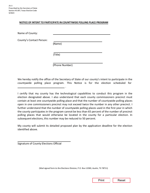 Form 25-3 Notice of Intent to Participate in Countywide Polling Place Program - Texas