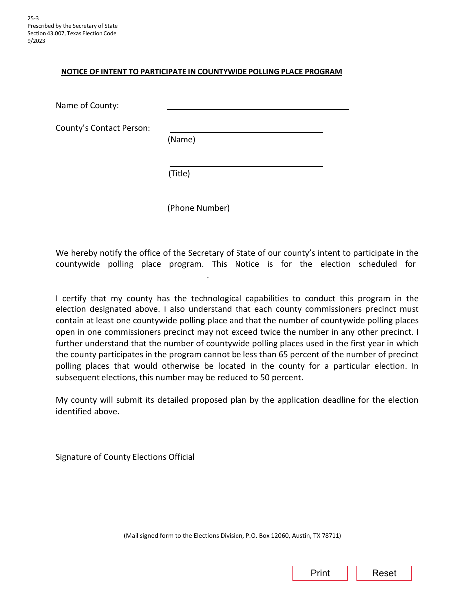 Form 25-3 Notice of Intent to Participate in Countywide Polling Place Program - Texas, Page 1