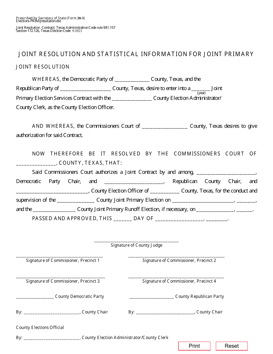 Form 20-3 Joint Resolution and Statistical Information for Joint Primary - Texas, Page 1