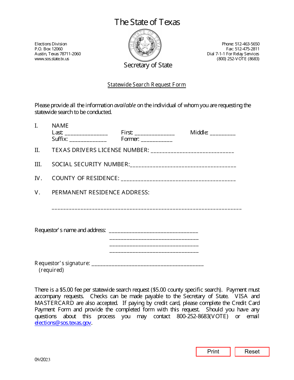 Form 24-2 Statewide Search Request Form - Texas, Page 1