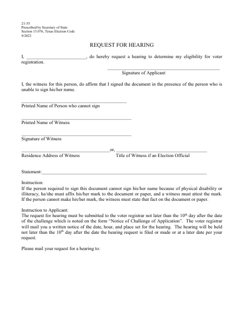 Form 21-35 Request for Hearing - Texas (English/Spanish)