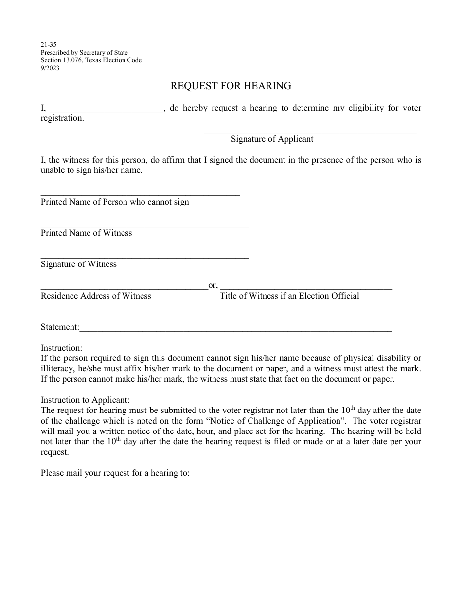 Form 21-35 Request for Hearing - Texas (English / Spanish), Page 1
