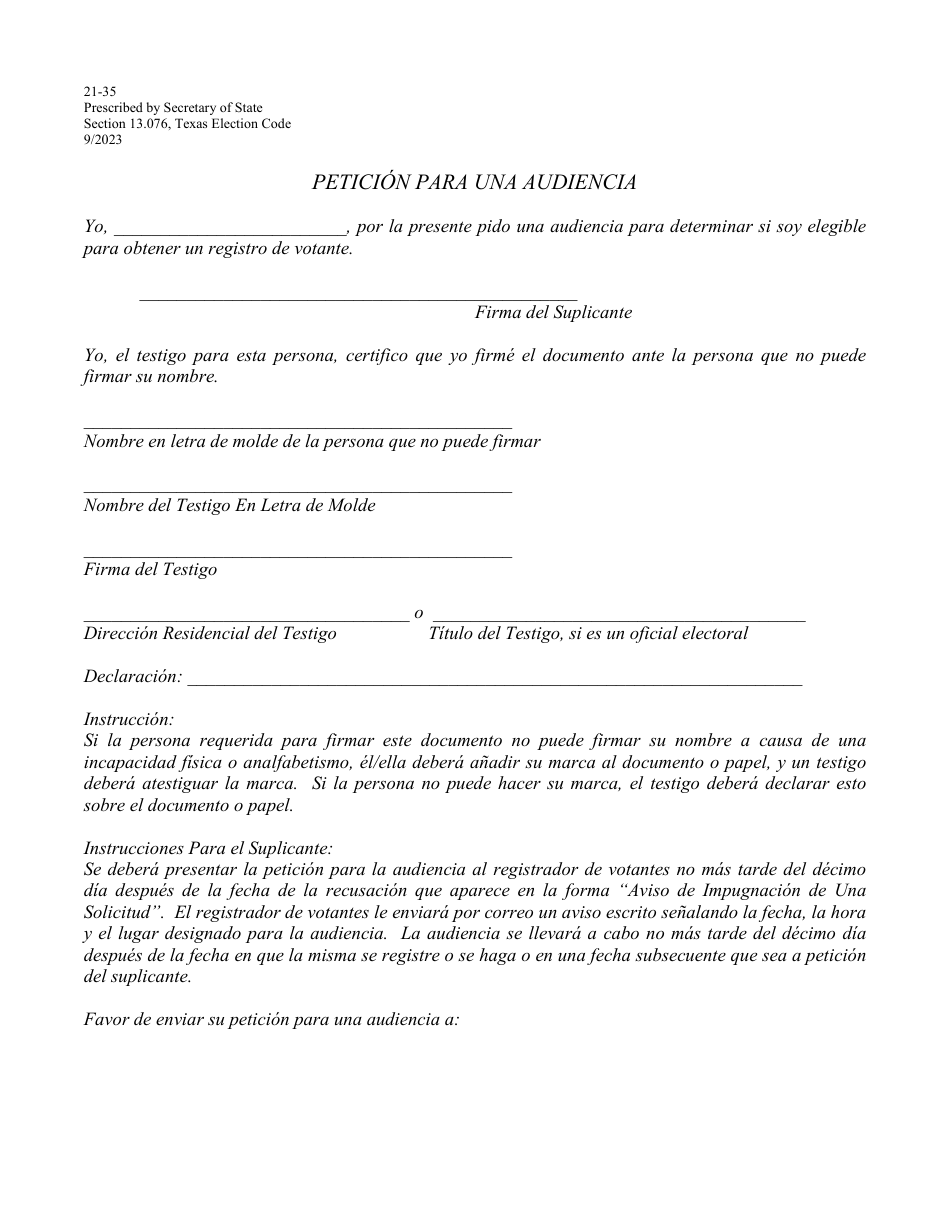 Form 21-35 Request for Hearing - Texas (English / Spanish), Page 2