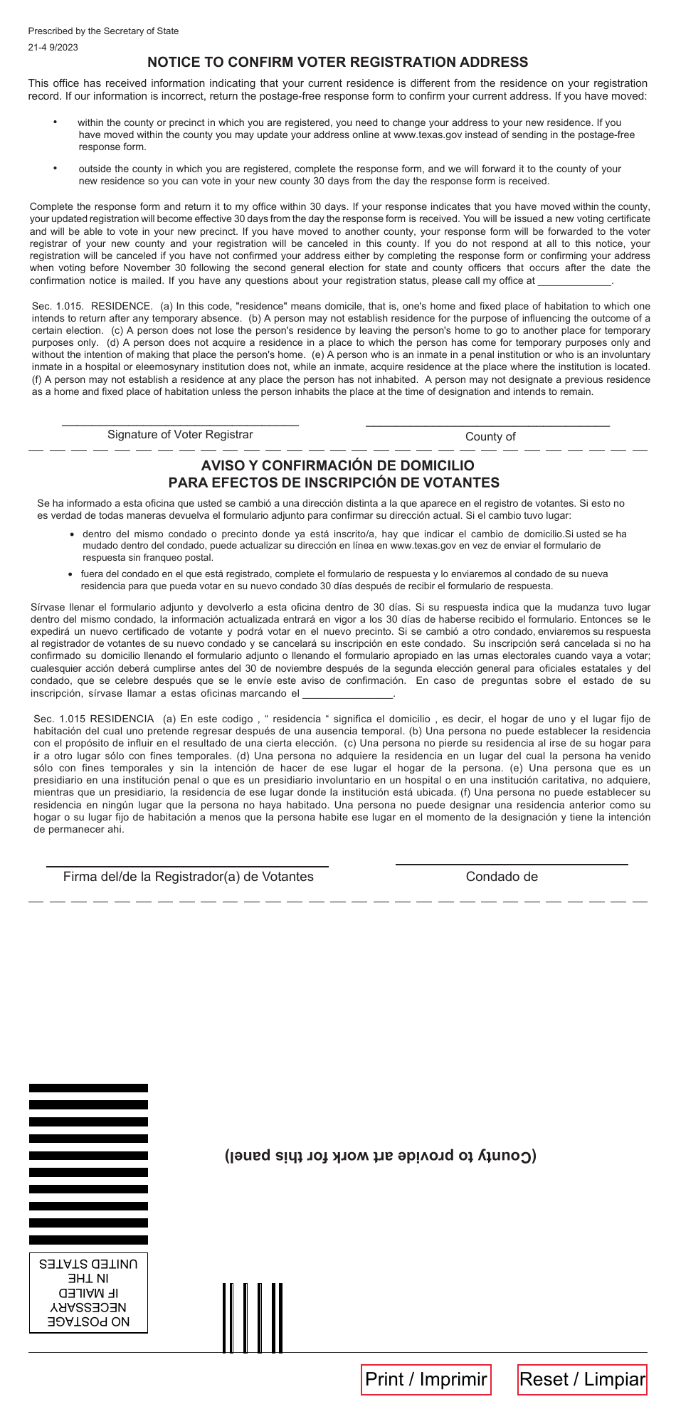 Form 21-4 Voter Registration Address Confirmation - Texas (English / Spanish), Page 2