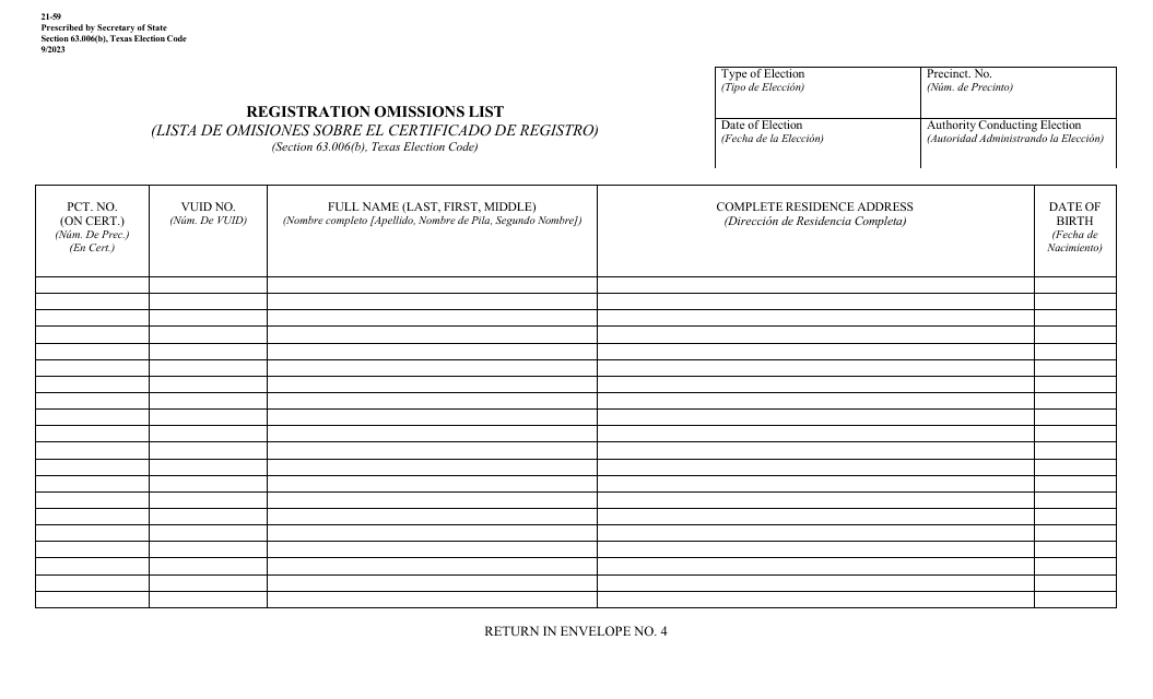 Form 21-59 Registration Omissions List - Texas (English/Spanish)