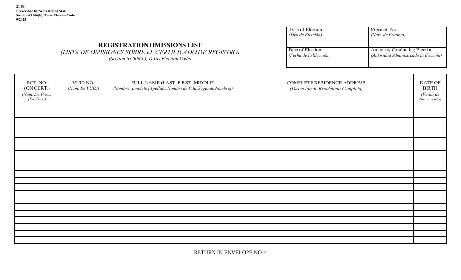 Form 21-59 Registration Omissions List - Texas (English / Spanish), Page 1