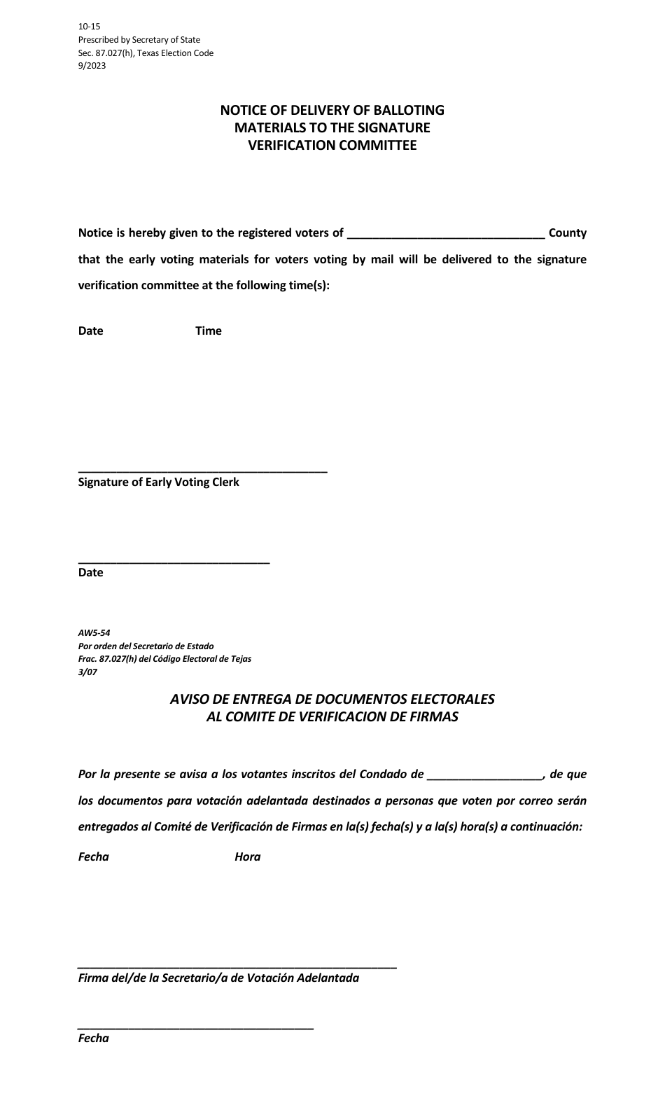 Form 10-15 Notice of Delivery of Balloting Materials to the Signature Verification Committee - Texas (English / Spanish), Page 1