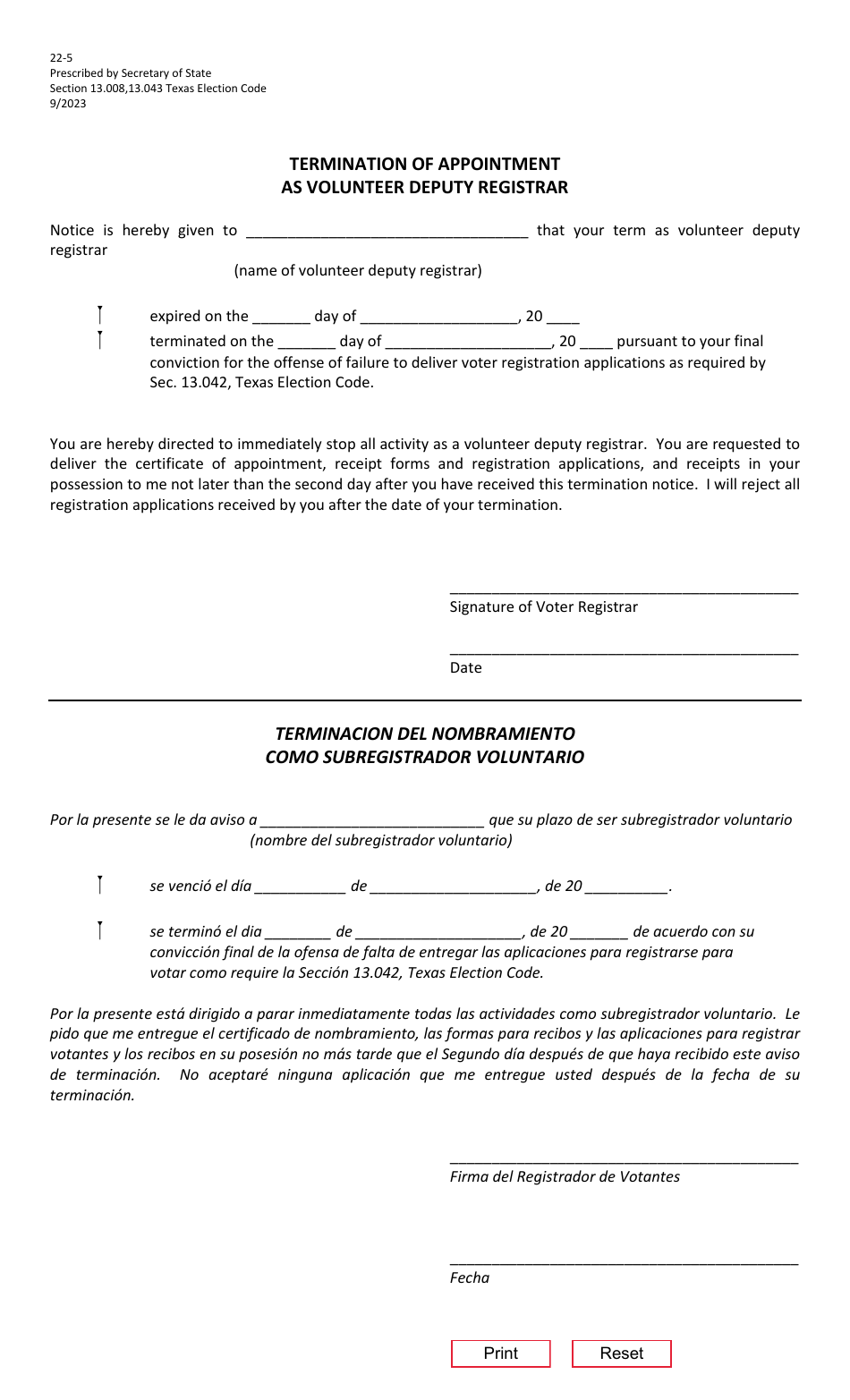 Form 22-5 Termination of Appointment as Volunteer Deputy Registrar - Texas (English / Spanish), Page 1