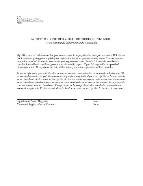 Form 21-46 Notice of Examination for Citizenship (Jury) - Texas (English/Spanish)