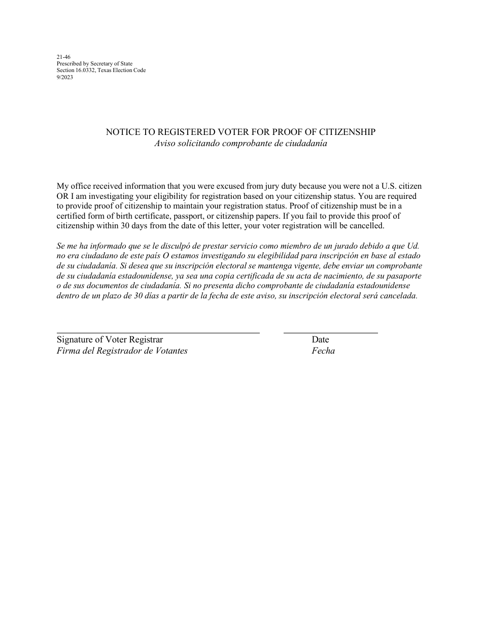 Form 21-46 Notice of Examination for Citizenship (Jury) - Texas (English / Spanish), Page 1