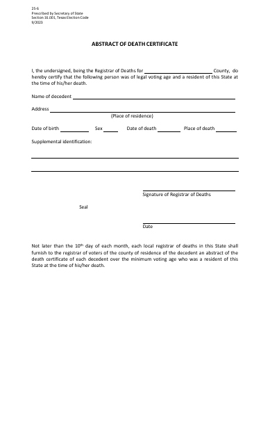 Form 25-6 Abstract of Death Certificate - Texas