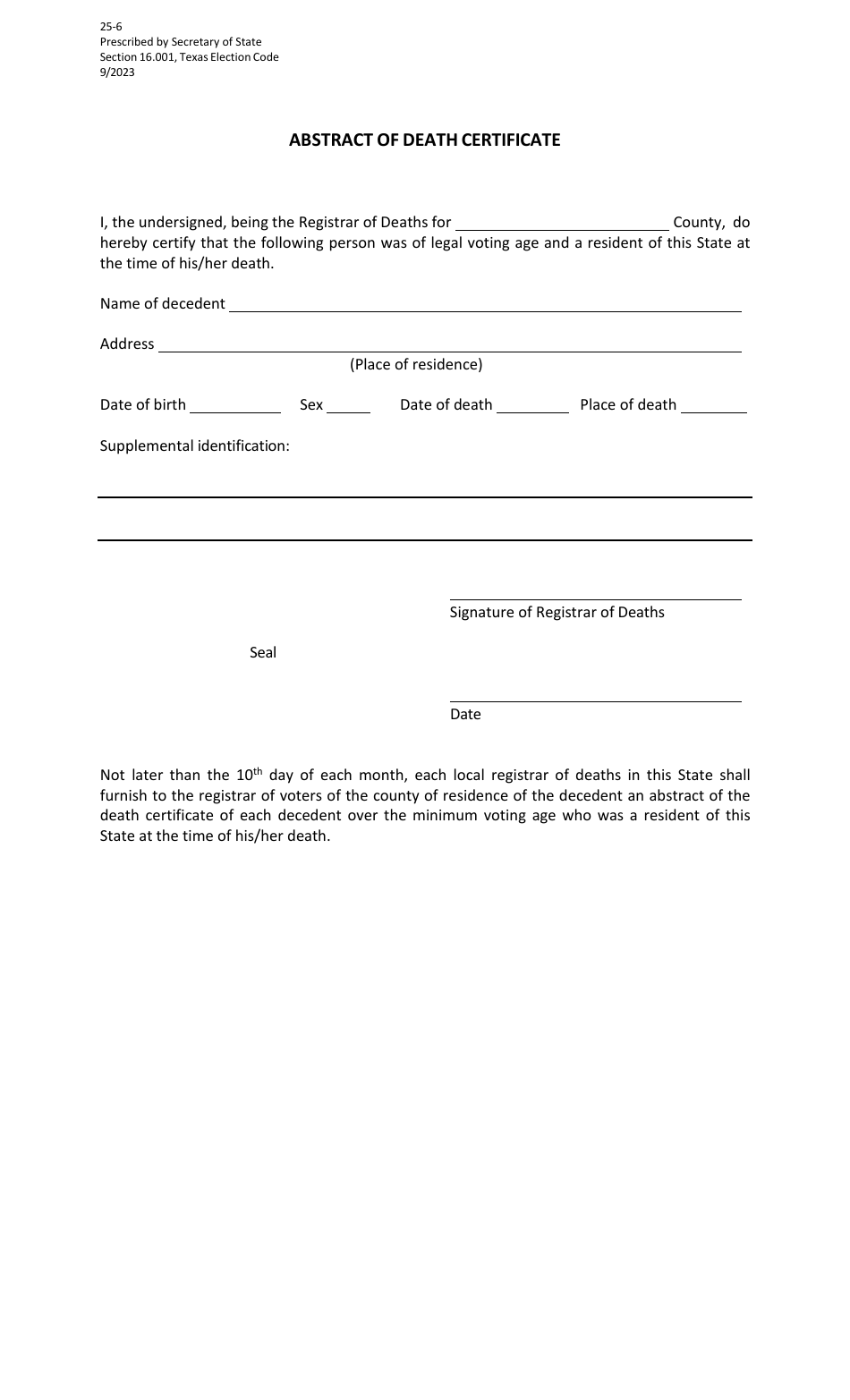 Form 25-6 Abstract of Death Certificate - Texas, Page 1