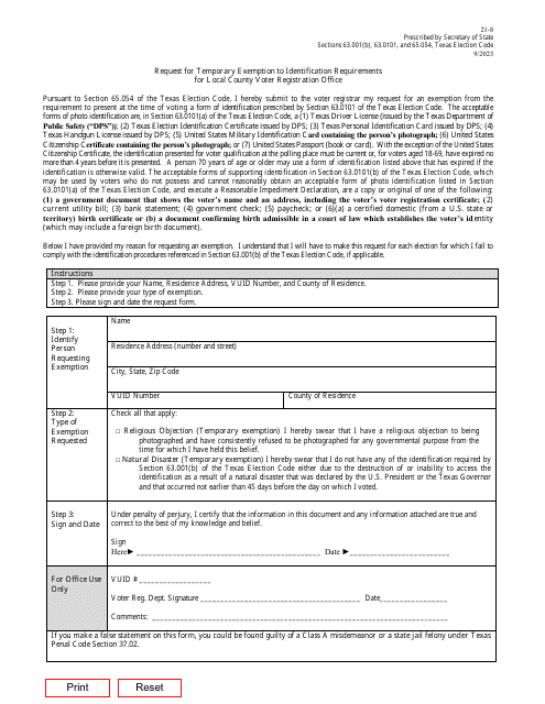 Form 21-8 Request for Temporary Exemption to Photo Identification Requirement - Texas (English/Spanish)
