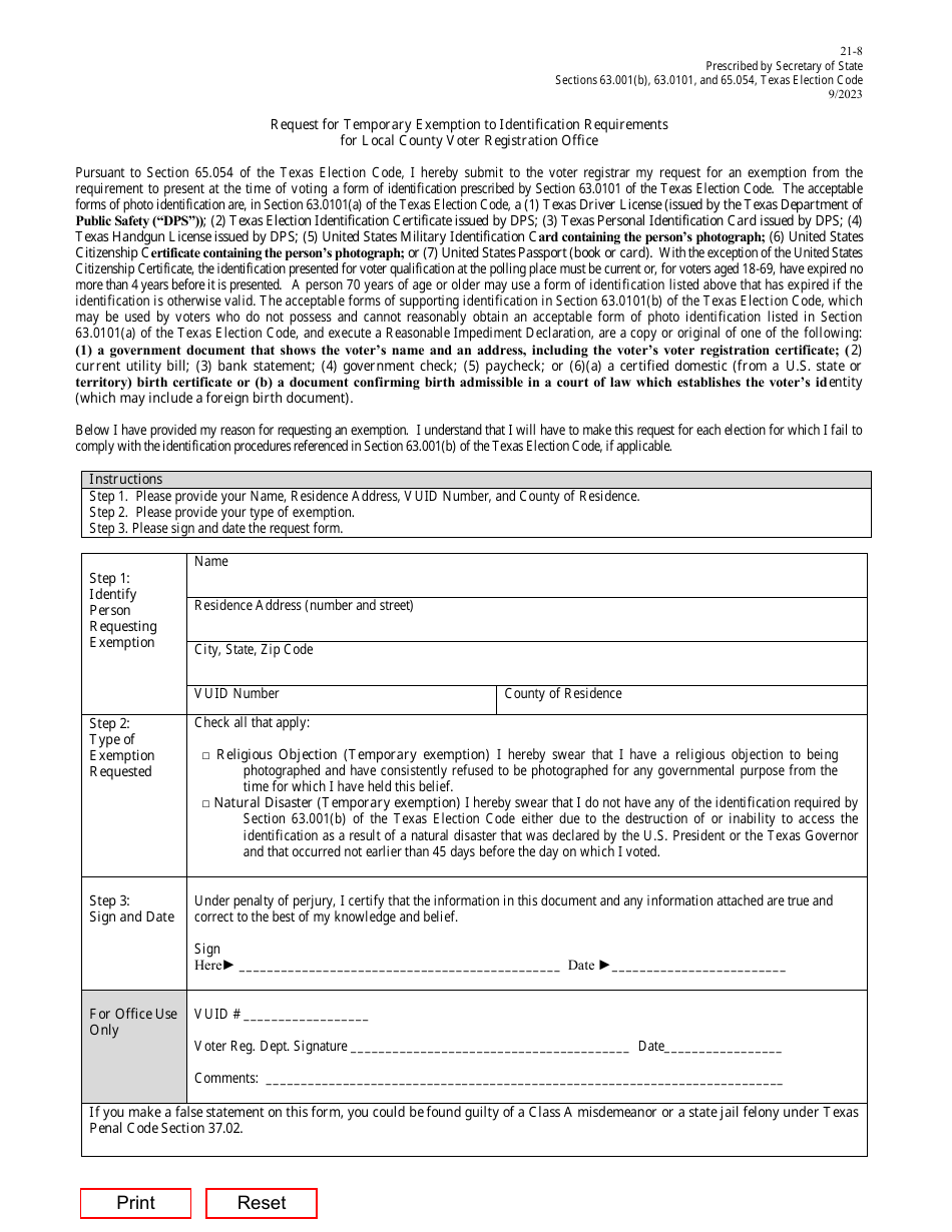 Form 21-8 Request for Temporary Exemption to Photo Identification Requirement - Texas (English / Spanish), Page 1