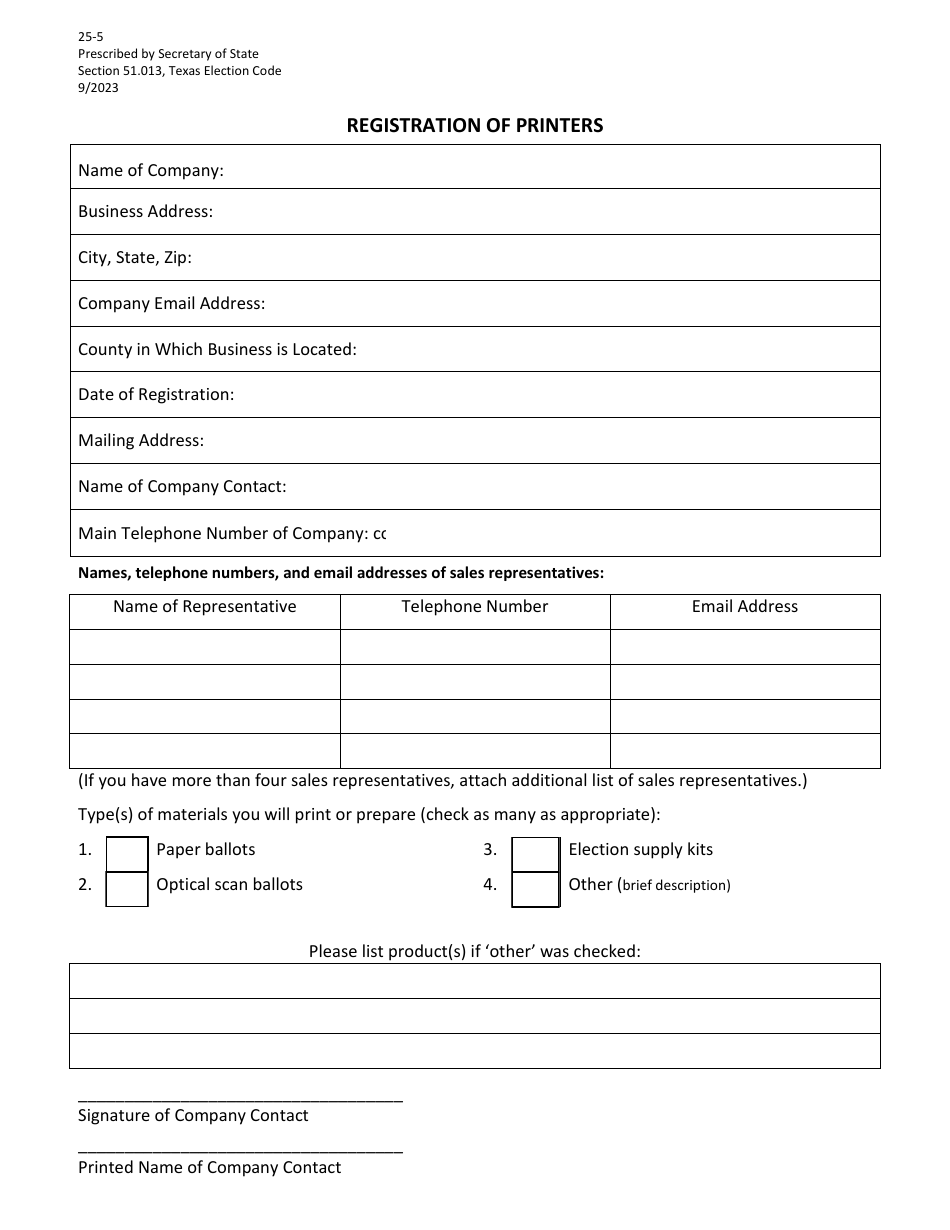 Form 25-5 Registration of Printers / Vendors - Texas, Page 1