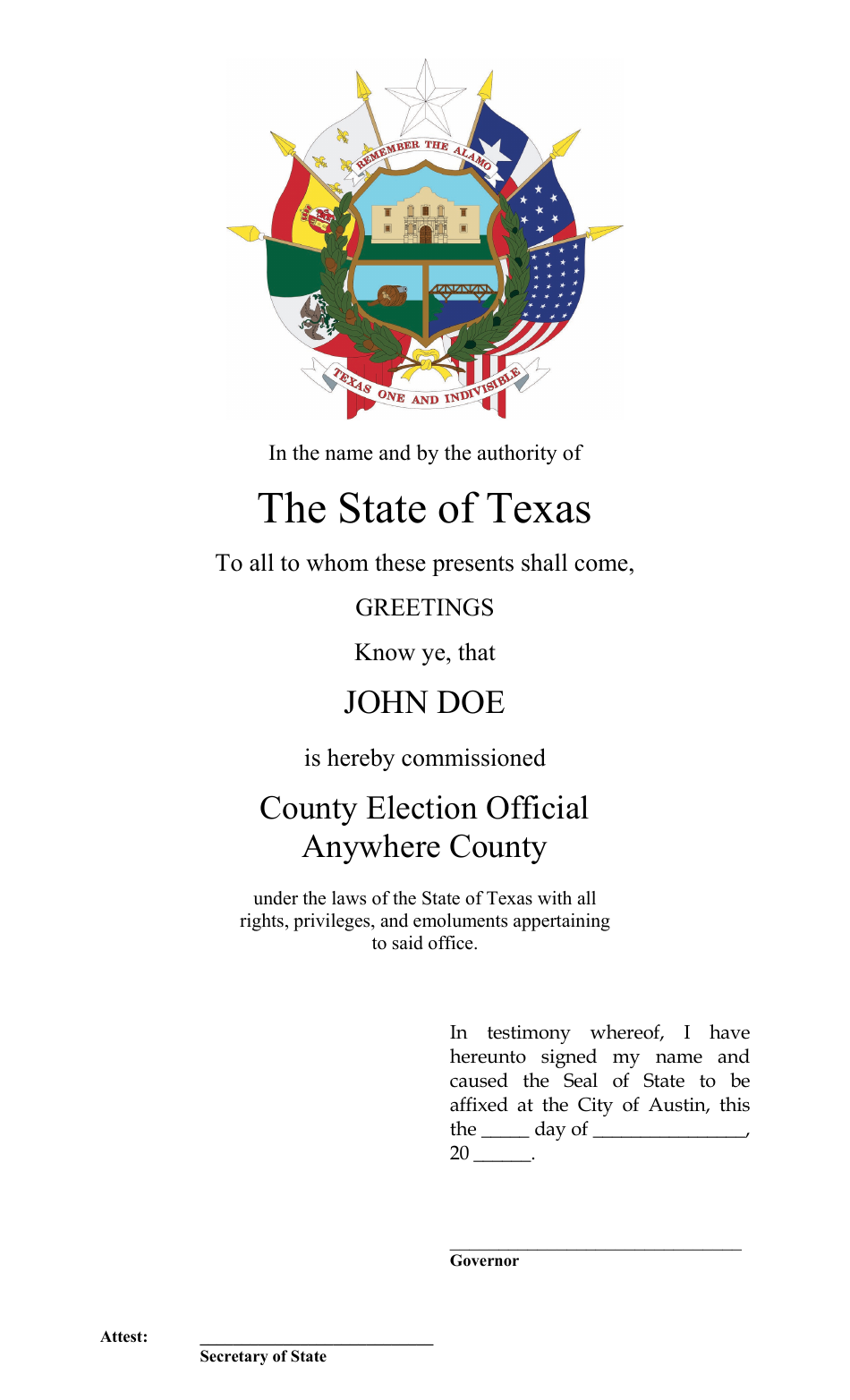 Form 23-4 Certificate of Commission - Texas, Page 1