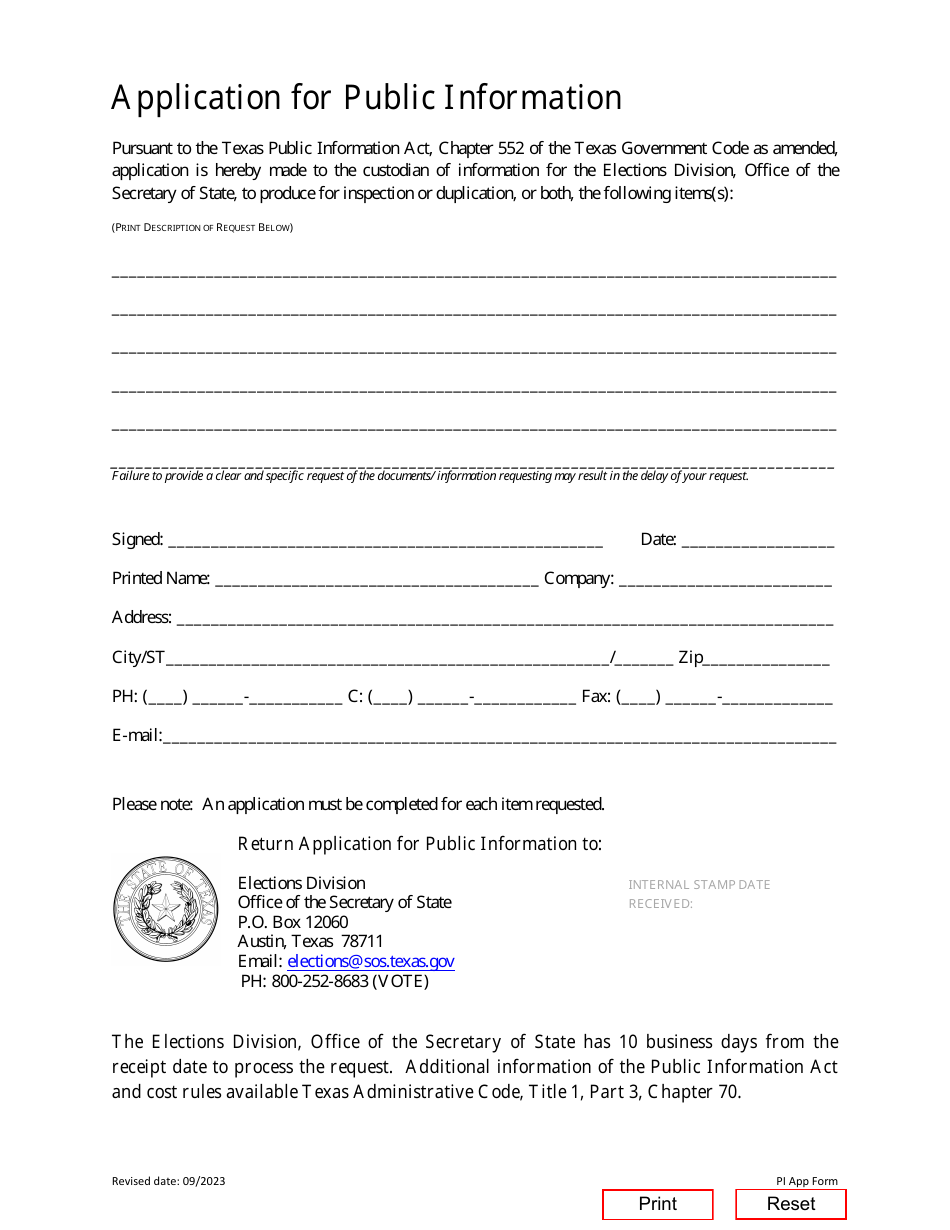 Form 24-3 Application for Public Information - Texas, Page 1