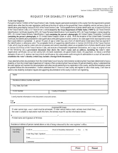 Form 21-7 Request for Disability Exemption (Permanent) - Texas (English/Spanish)