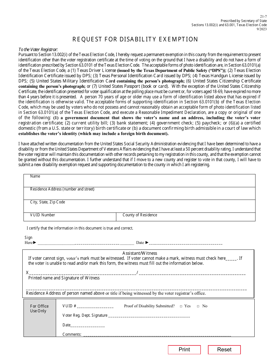 Form 21-7 Request for Disability Exemption (Permanent) - Texas (English / Spanish), Page 1