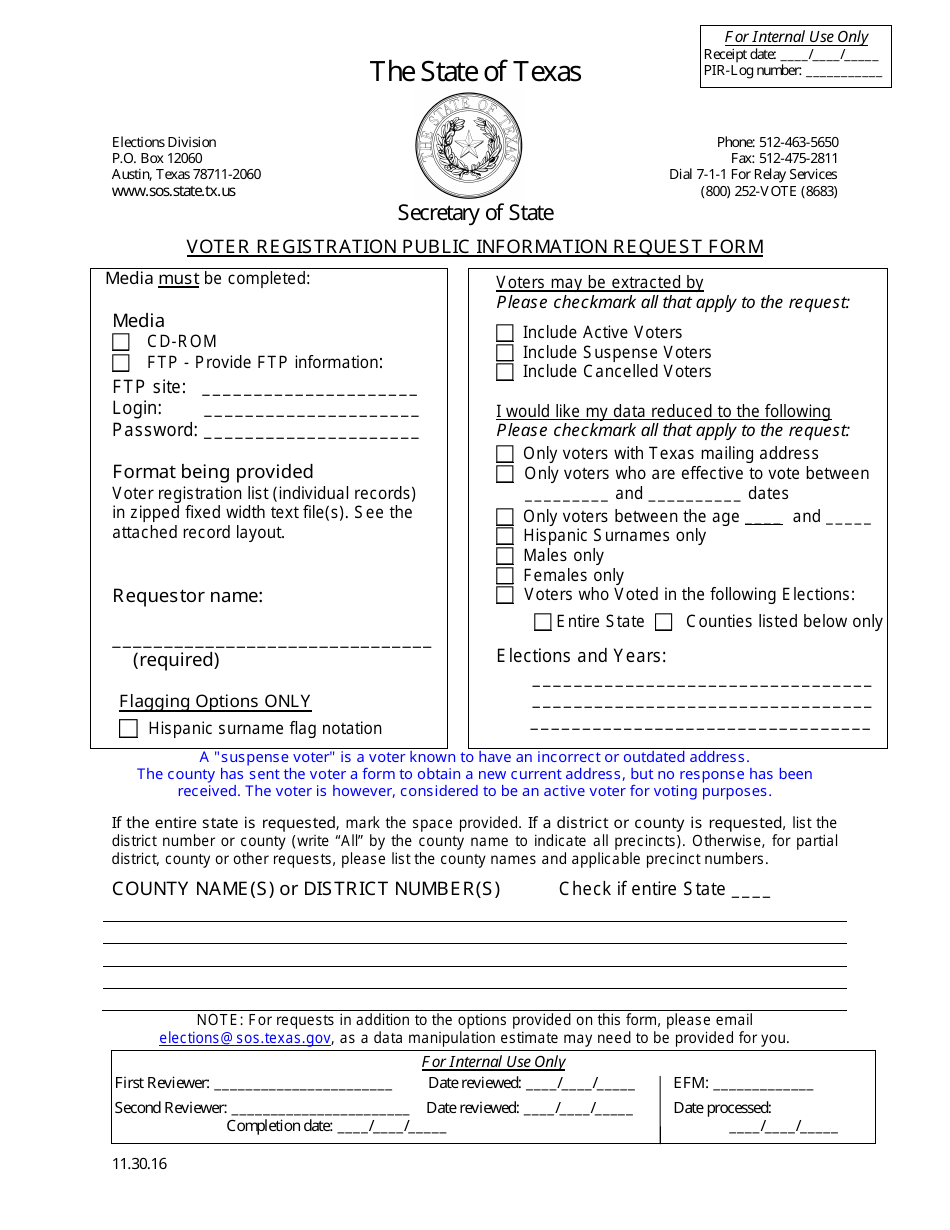 Form 24-1 Voter Registration Public Information Request Form - Texas, Page 1