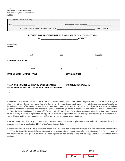 Form 22-3 Voluntary Deputy Registrar - Request for Appointment - Texas (English/Spanish)