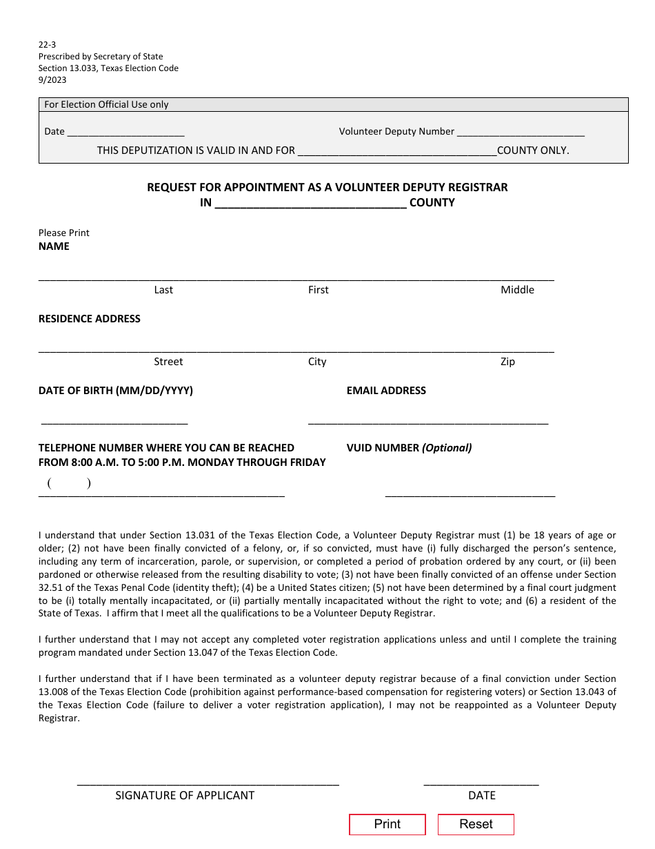 Form 22-3 Voluntary Deputy Registrar - Request for Appointment - Texas (English / Spanish), Page 1