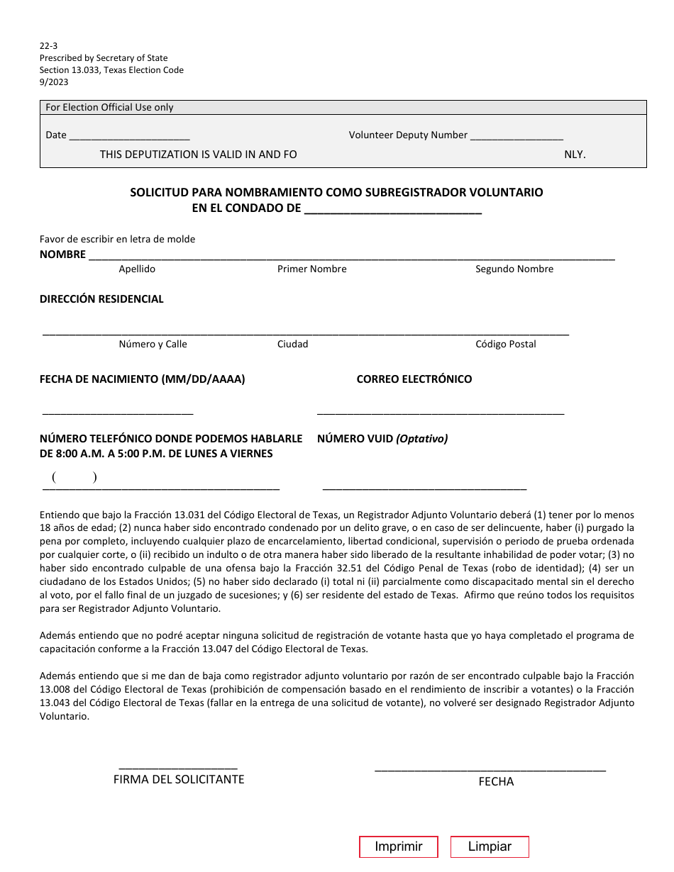 Form 22-3 Voluntary Deputy Registrar - Request for Appointment - Texas (English / Spanish), Page 2