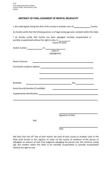 Form 25-8 Abstract of Final Judgment of Mental Incapacity - Texas