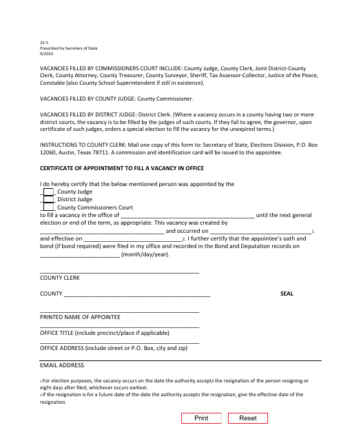 Form 23-5 Certificate of Appointment to Fill a Vacancy in Office - Texas