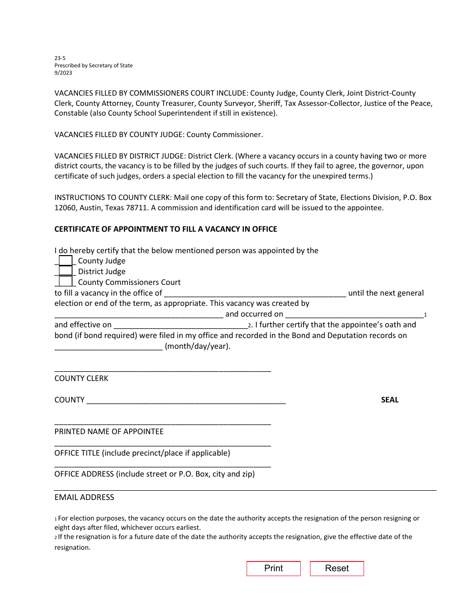 Form 23-5 Certificate of Appointment to Fill a Vacancy in Office - Texas, Page 1
