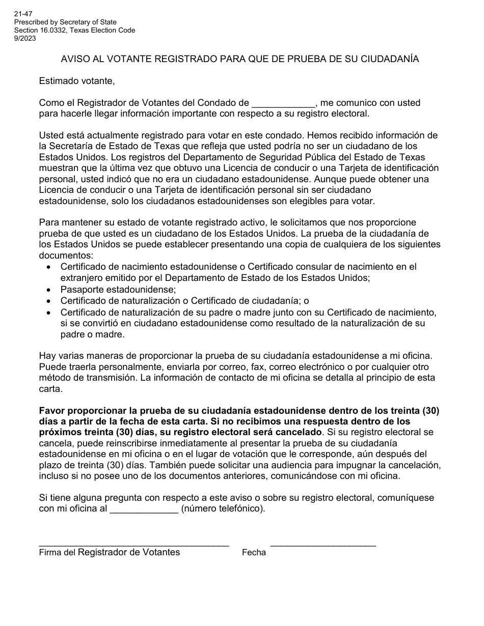 Form 21-47 Notice of Examination for Citizenship (Proof of Citizenship) - Texas (English / Spanish), Page 2