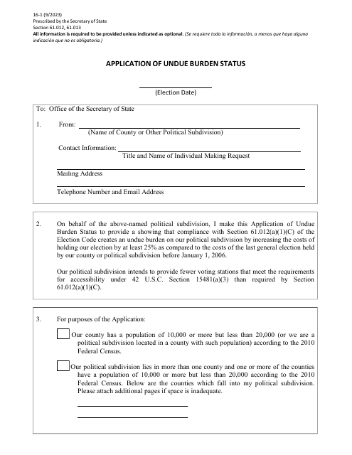 Form 16-1 Application of Undue Burden Status - Texas