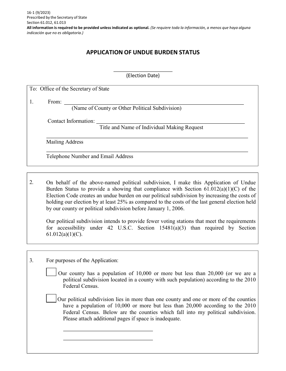 Form 16-1 Application of Undue Burden Status - Texas, Page 1