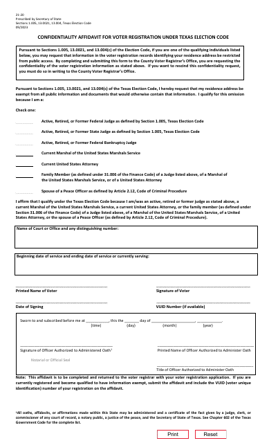 Form 21-20 Affidavit for Voter Registration Residential Address Confidentiality (Judicial) - Texas (English/Spanish)