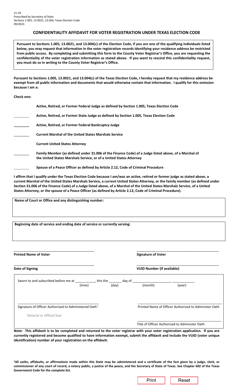 Form 21-20 Affidavit for Voter Registration Residential Address Confidentiality (Judicial) - Texas (English / Spanish), Page 1