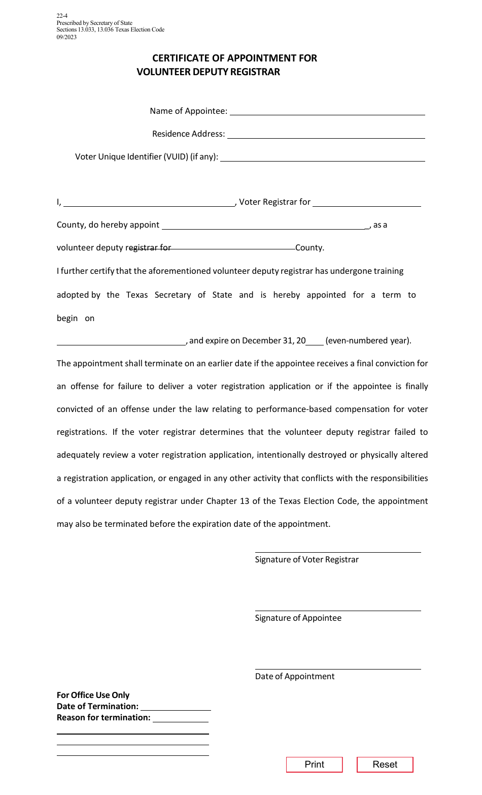 Form 22-4 Certificate of Appointment for Volunteer Deputy Registrar - Texas (English / Spanish), Page 1